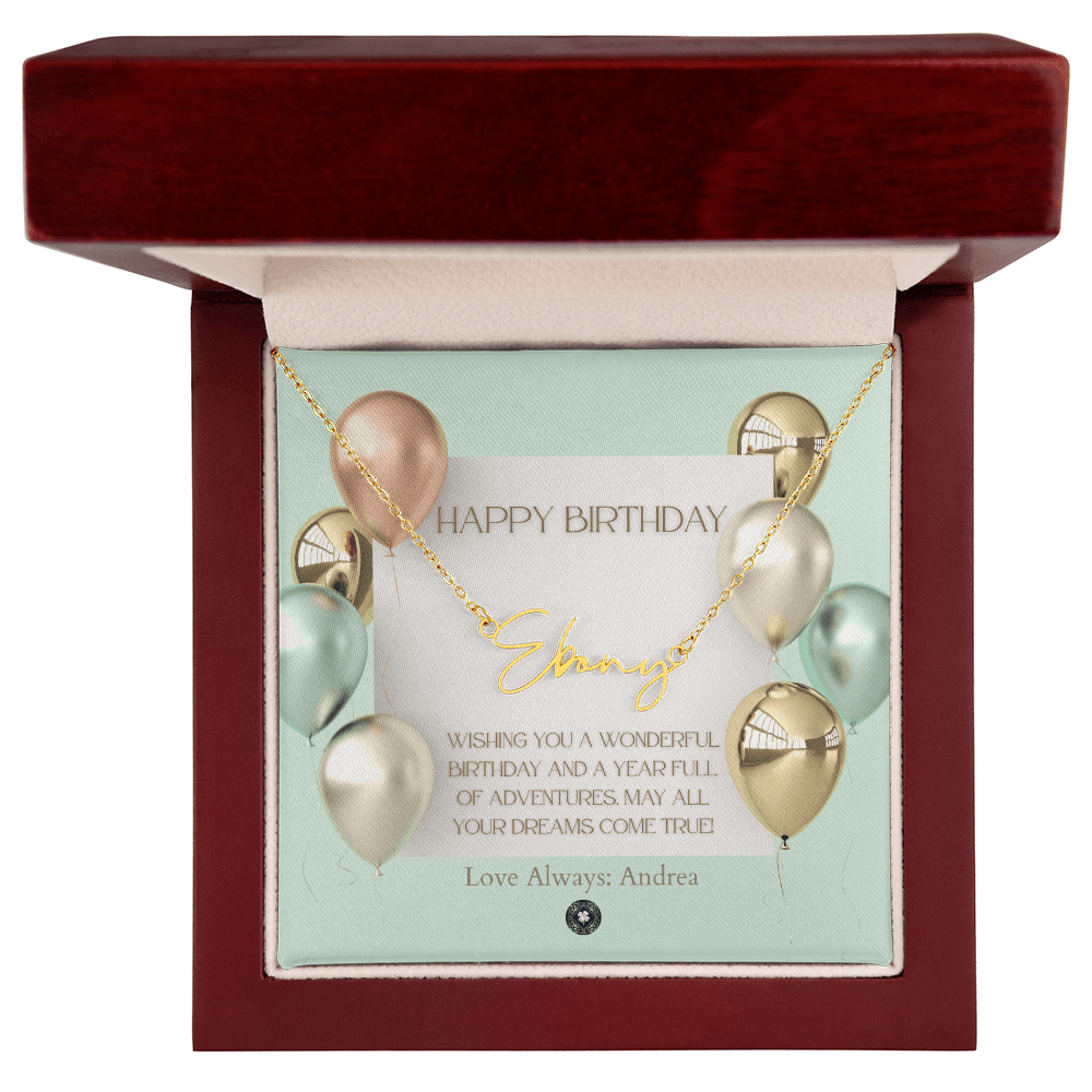 Custom Horizontal Signature Name Necklace: Wonderful Happy Birthday Jewelry 18k Yellow Gold Mahogany Style Luxury Box with LED The Silver Clover & Co.