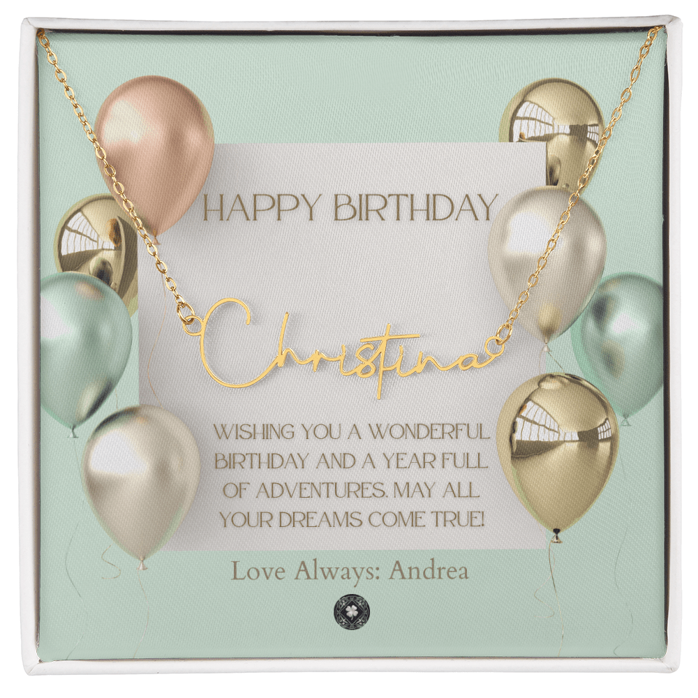 Custom Horizontal Signature Name Necklace: Wonderful Happy Birthday Jewelry 18k Yellow Gold Two Tone Box The Silver Clover & Co.