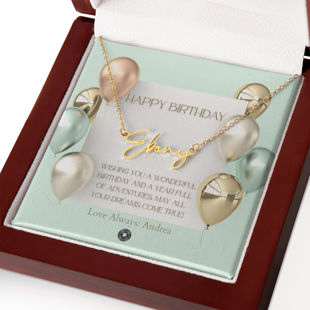 Custom Horizontal Signature Name Necklace: Wonderful Happy Birthday Jewelry 18k Yellow Gold Mahogany Style Luxury Box with LED The Silver Clover & Co.