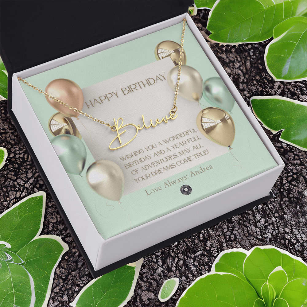 Custom Horizontal Signature Name Necklace: Wonderful Happy Birthday Jewelry 18k Yellow Gold Two Tone Box The Silver Clover & Co.