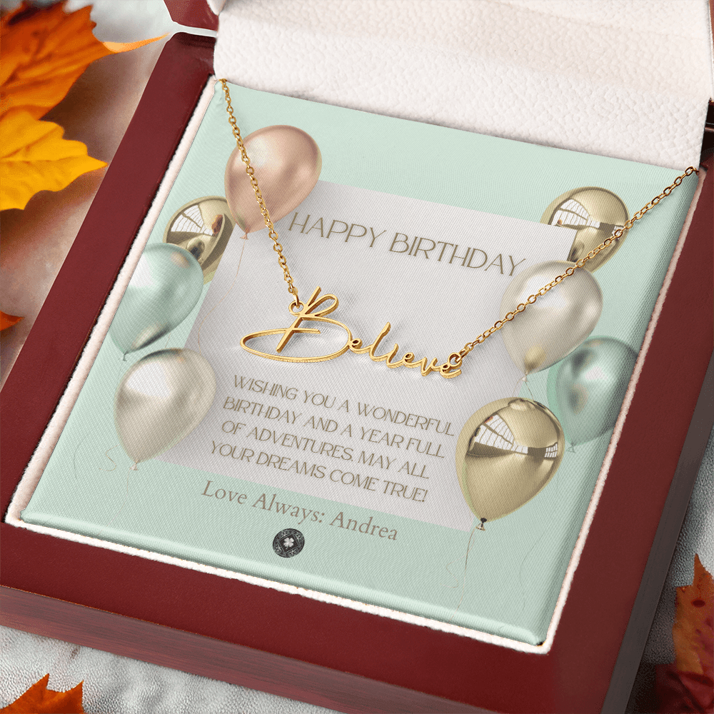 Custom Horizontal Signature Name Necklace: Wonderful Happy Birthday Jewelry 18k Yellow Gold Mahogany Style Luxury Box with LED The Silver Clover & Co.