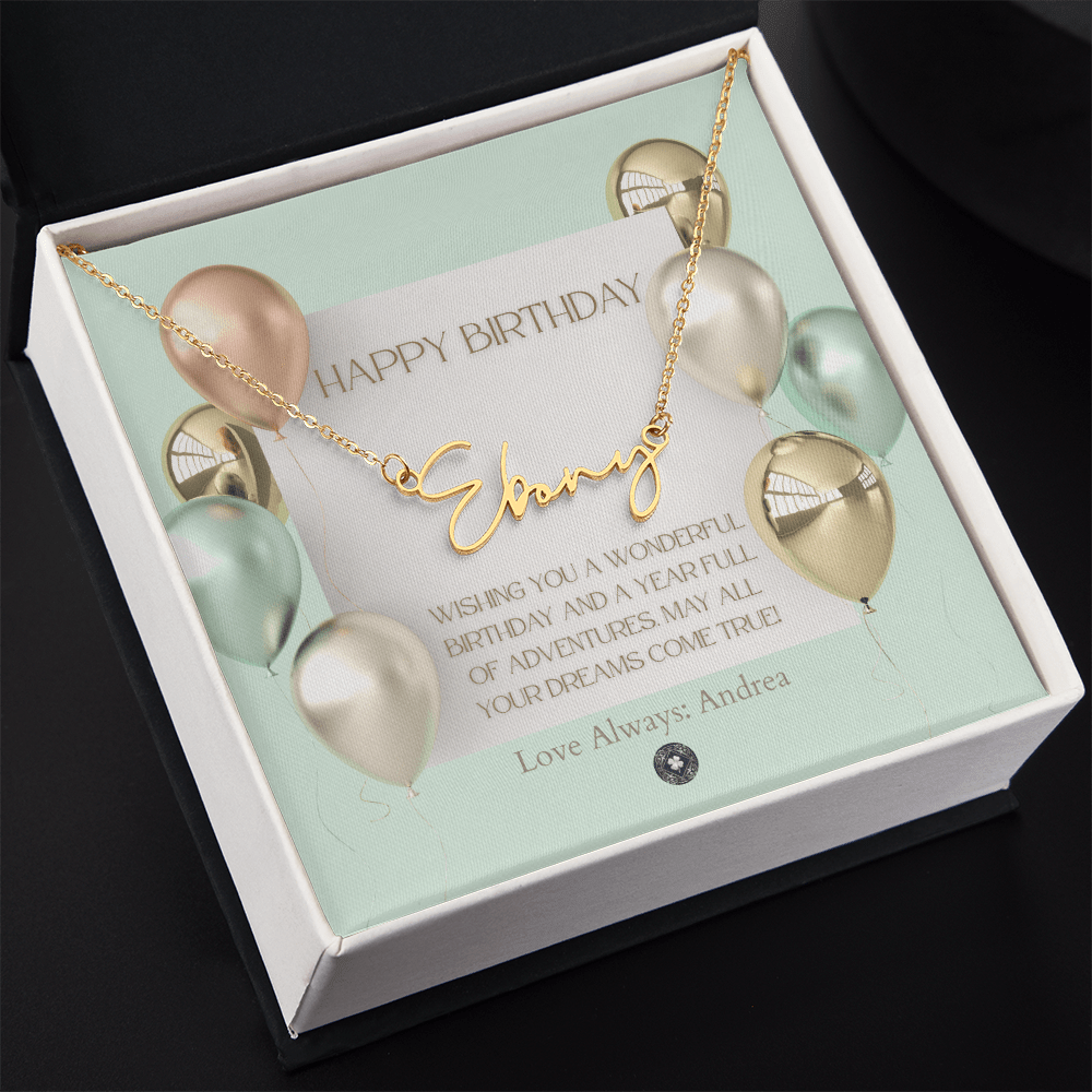 Custom Horizontal Signature Name Necklace: Wonderful Happy Birthday Jewelry 18k Yellow Gold Two Tone Box The Silver Clover & Co.