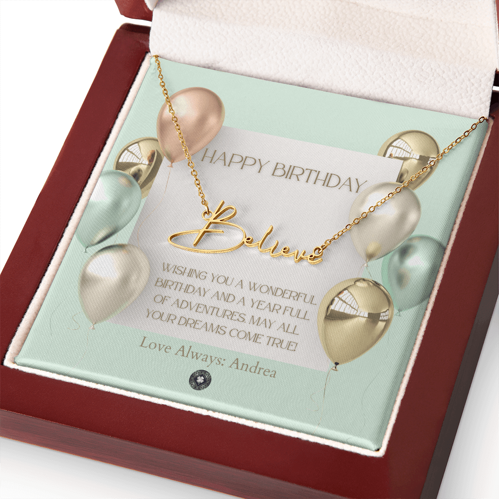 Custom Horizontal Signature Name Necklace: Wonderful Happy Birthday Jewelry 18k Yellow Gold Mahogany Style Luxury Box with LED The Silver Clover & Co.