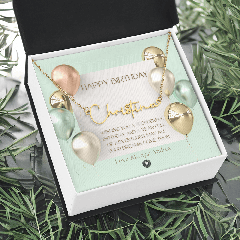 Custom Horizontal Signature Name Necklace: Wonderful Happy Birthday Jewelry 18k Yellow Gold Two Tone Box The Silver Clover & Co.