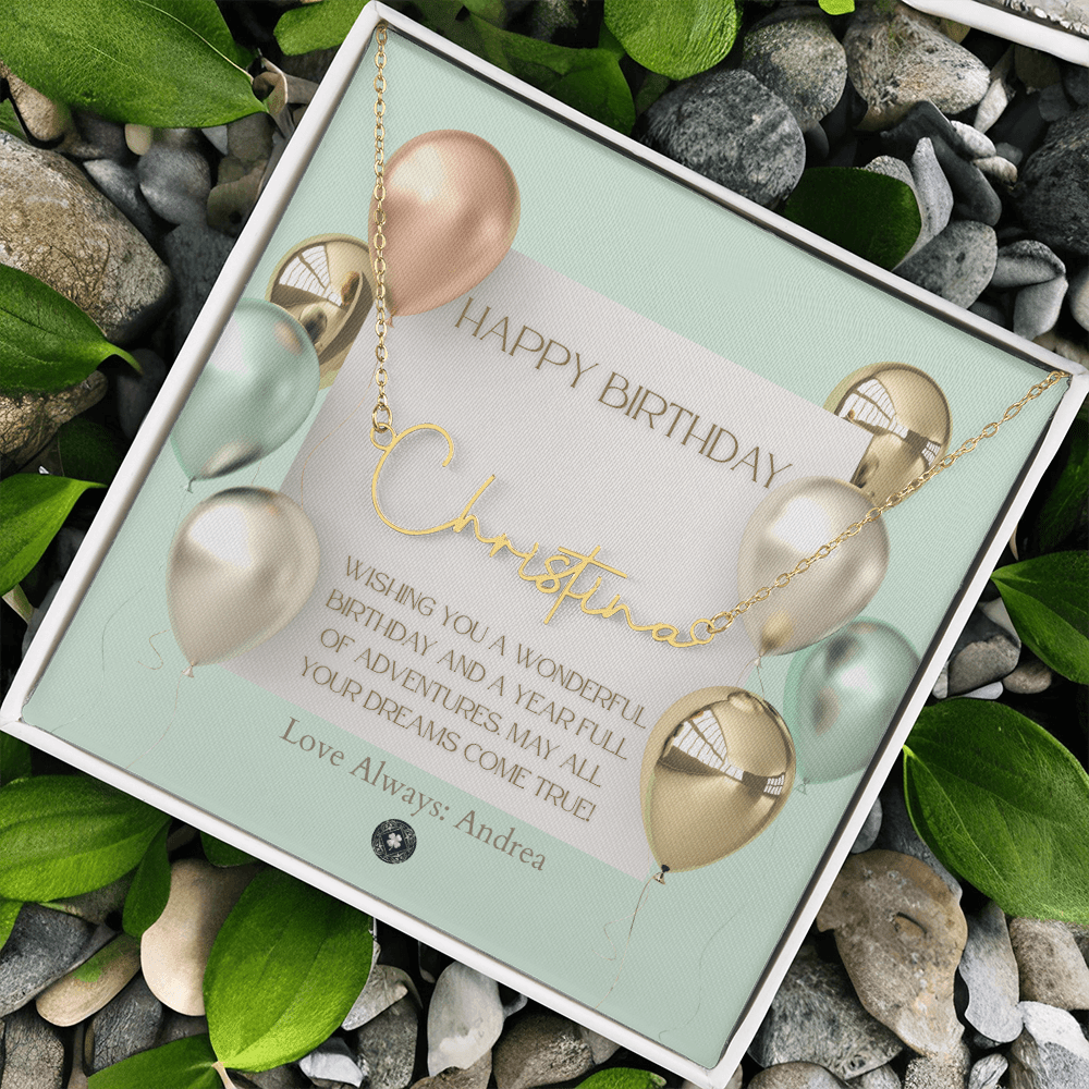 Custom Horizontal Signature Name Necklace: Wonderful Happy Birthday Jewelry 18k Yellow Gold Two Tone Box The Silver Clover & Co.