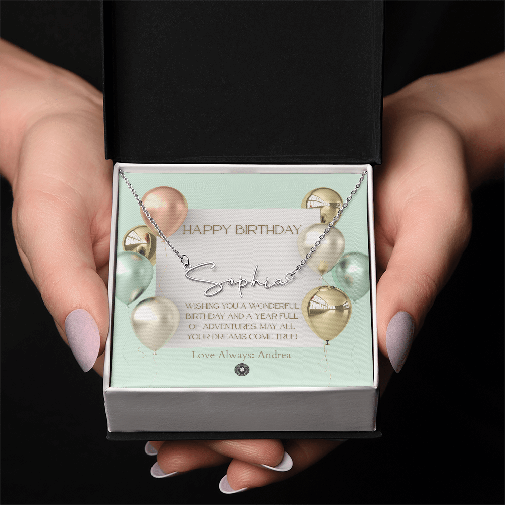 Custom Horizontal Signature Name Necklace: Wonderful Happy Birthday Jewelry Polished Silver Steel Two Tone Box The Silver Clover & Co.