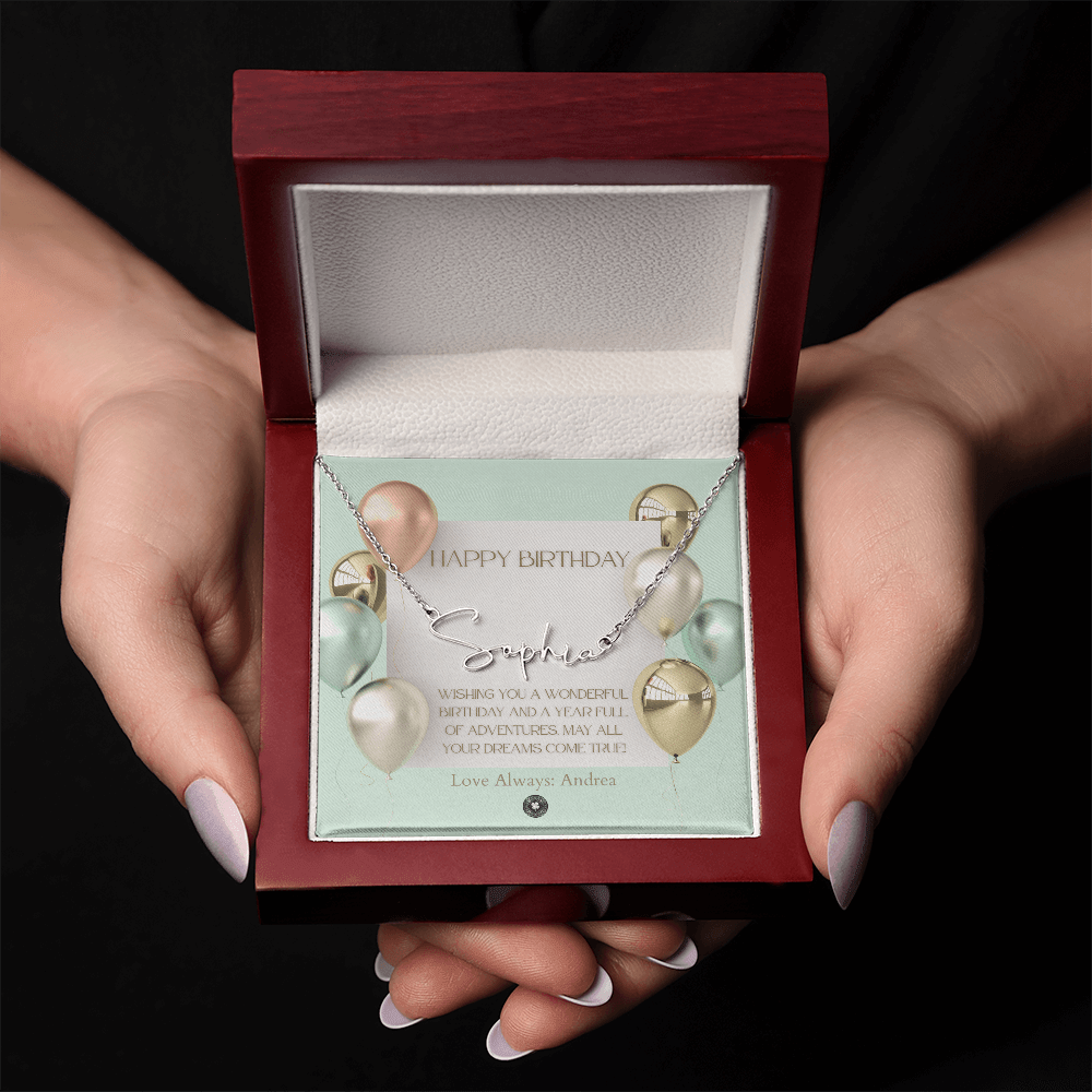 Custom Horizontal Signature Name Necklace: Wonderful Happy Birthday Jewelry Polished Silver Steel Mahogany Style Luxury Box with LED The Silver Clover & Co.