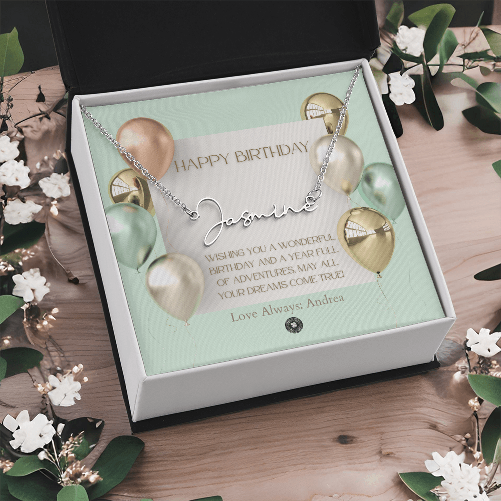 Custom Horizontal Signature Name Necklace: Wonderful Happy Birthday Jewelry Polished Silver Steel Two Tone Box The Silver Clover & Co.