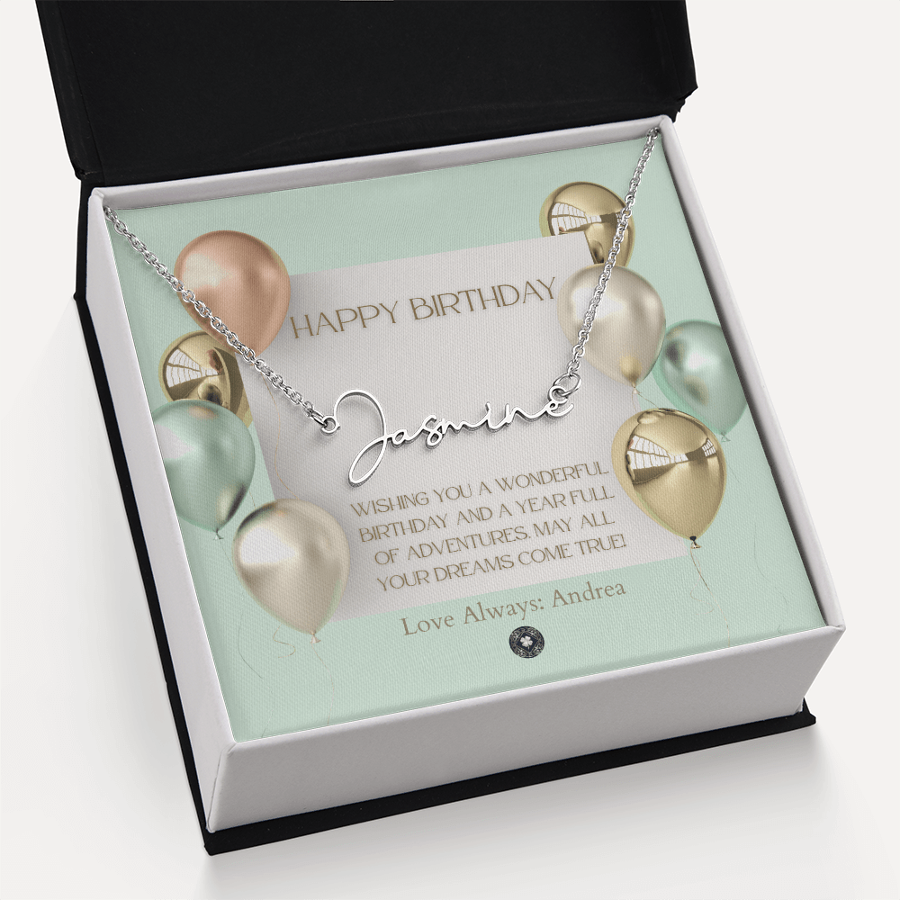 Custom Horizontal Signature Name Necklace: Wonderful Happy Birthday Jewelry Polished Silver Steel Two Tone Box The Silver Clover & Co.