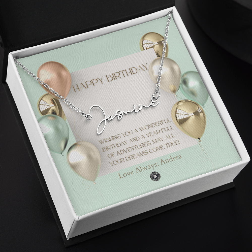 Custom Horizontal Signature Name Necklace: Wonderful Happy Birthday Jewelry Polished Silver Steel Two Tone Box The Silver Clover & Co.