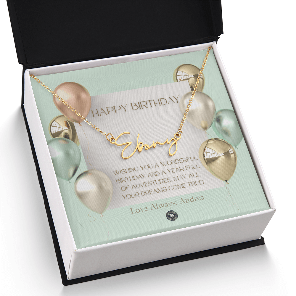 Custom Horizontal Signature Name Necklace: Wonderful Happy Birthday Jewelry 18k Yellow Gold Two Tone Box The Silver Clover & Co.