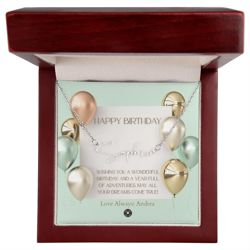Custom Horizontal Signature Name Necklace: Wonderful Happy Birthday Jewelry Polished Silver Steel Mahogany Style Luxury Box with LED The Silver Clover & Co.