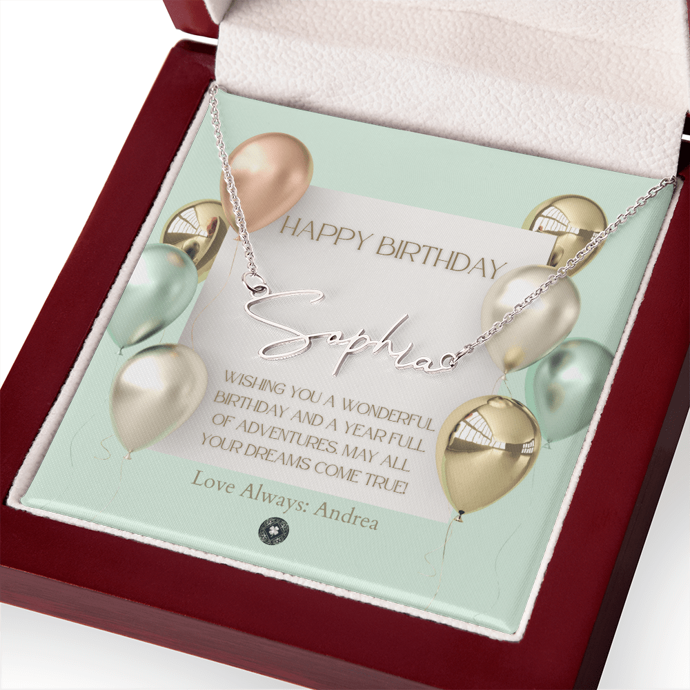 Custom Horizontal Signature Name Necklace: Wonderful Happy Birthday Jewelry Polished Silver Steel Mahogany Style Luxury Box with LED The Silver Clover & Co.