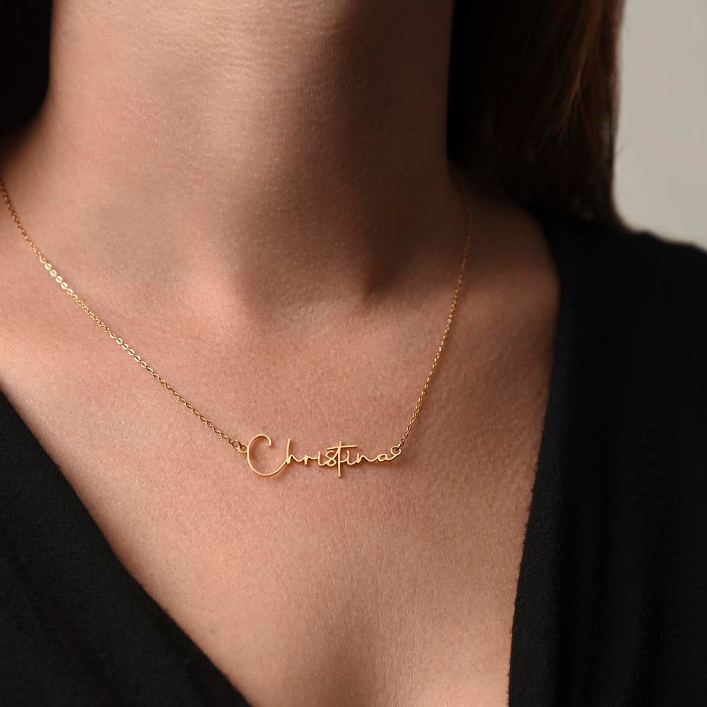 Custom Horizontal Signature Name Necklace: Wonderful Happy Birthday Jewelry 18k Yellow Gold Two Tone Box The Silver Clover & Co.