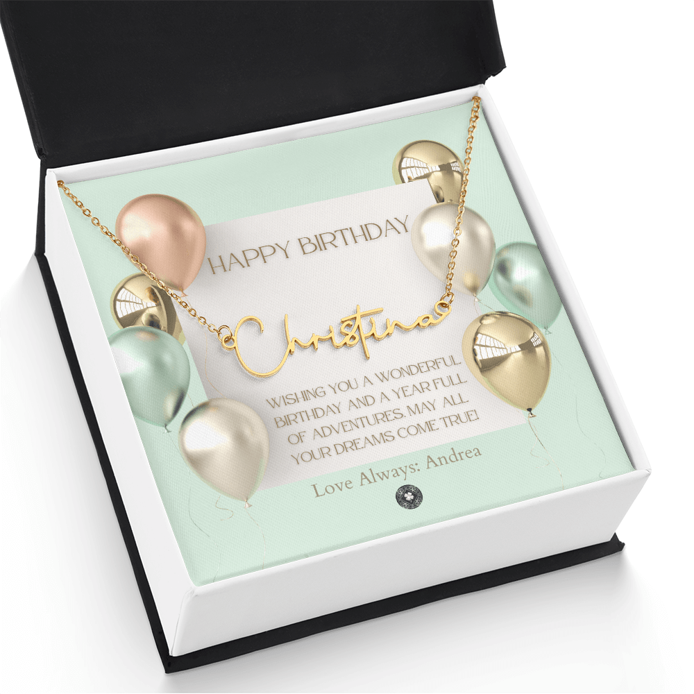 Custom Horizontal Signature Name Necklace: Wonderful Happy Birthday Jewelry 18k Yellow Gold Two Tone Box The Silver Clover & Co.