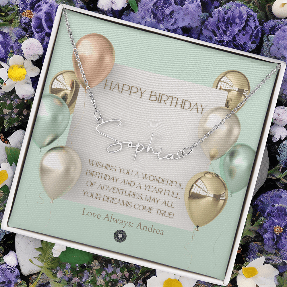 Custom Horizontal Signature Name Necklace: Wonderful Happy Birthday Jewelry Polished Silver Steel Two Tone Box The Silver Clover & Co.