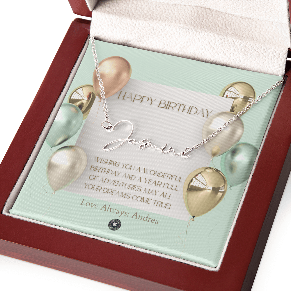 Custom Horizontal Signature Name Necklace: Wonderful Happy Birthday Jewelry Polished Silver Steel Mahogany Style Luxury Box with LED The Silver Clover & Co.