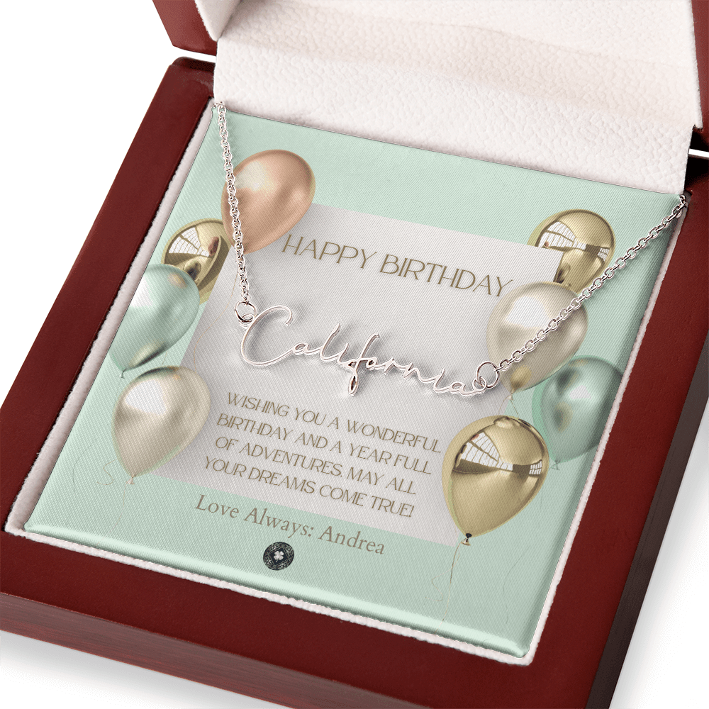 Custom Horizontal Signature Name Necklace: Wonderful Happy Birthday Jewelry Polished Silver Steel Mahogany Style Luxury Box with LED The Silver Clover & Co.
