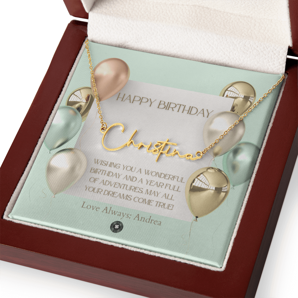 Custom Horizontal Signature Name Necklace: Wonderful Happy Birthday Jewelry 18k Yellow Gold Mahogany Style Luxury Box with LED The Silver Clover & Co.