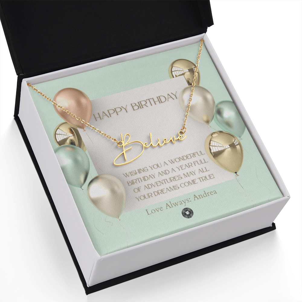 Custom Horizontal Signature Name Necklace: Wonderful Happy Birthday Jewelry 18k Yellow Gold Two Tone Box The Silver Clover & Co.