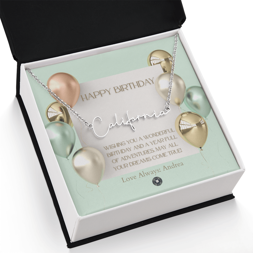 Custom Horizontal Signature Name Necklace: Wonderful Happy Birthday Jewelry Polished Silver Steel Two Tone Box The Silver Clover & Co.