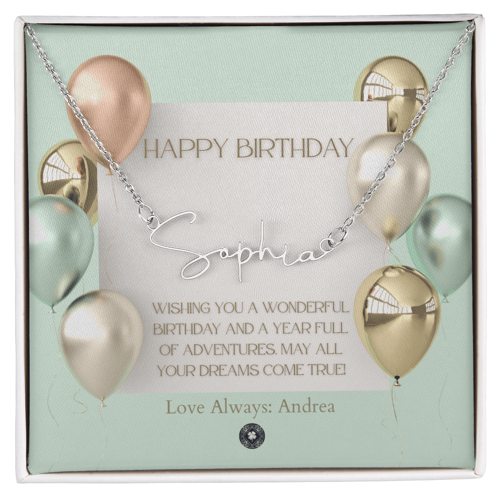 Custom Horizontal Signature Name Necklace: Wonderful Happy Birthday Jewelry Polished Silver Steel Two Tone Box The Silver Clover & Co.