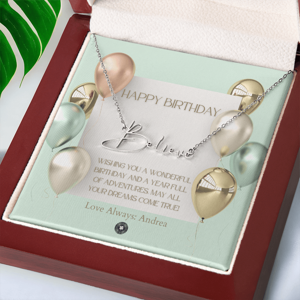 Custom Horizontal Signature Name Necklace: Wonderful Happy Birthday Jewelry Polished Silver Steel Mahogany Style Luxury Box with LED The Silver Clover & Co.