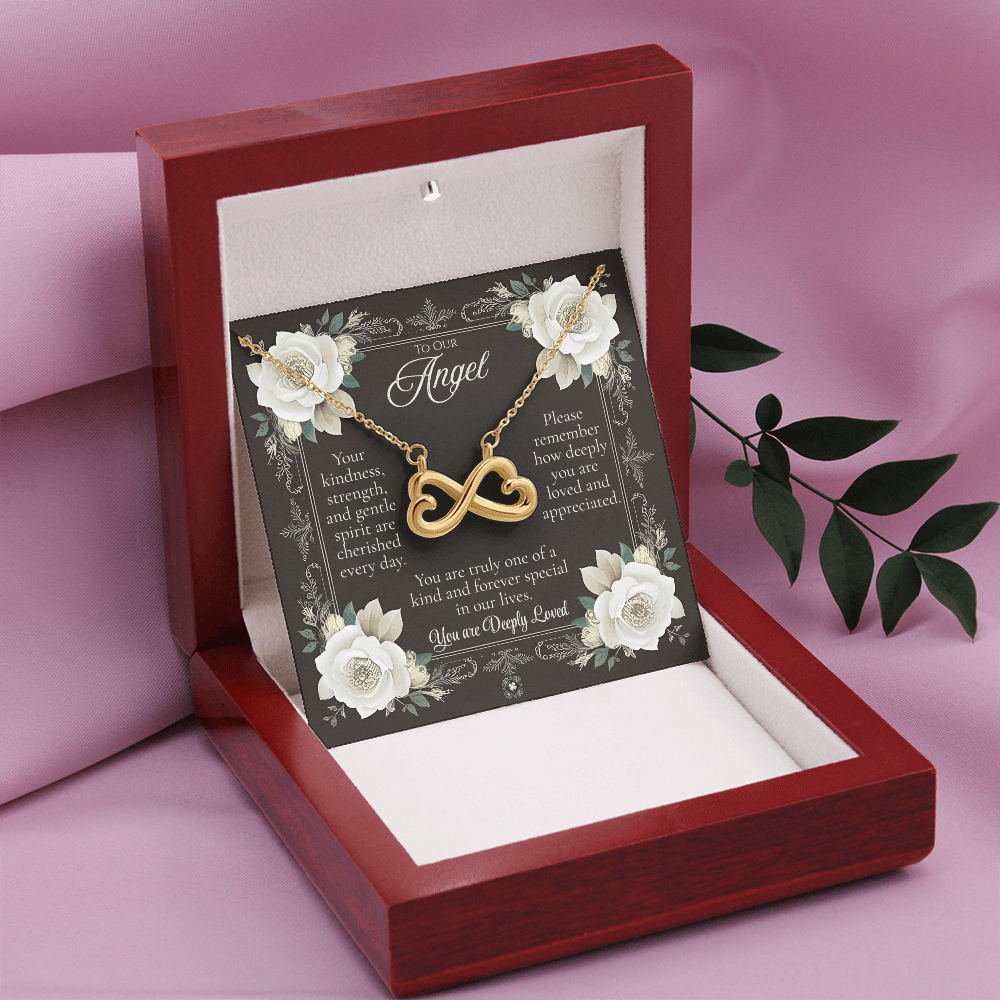 Endless Love Necklace: Angel Jewelry 18k Yellow Gold Mahogany Style Luxury Box with LED The Silver Clover & Co.