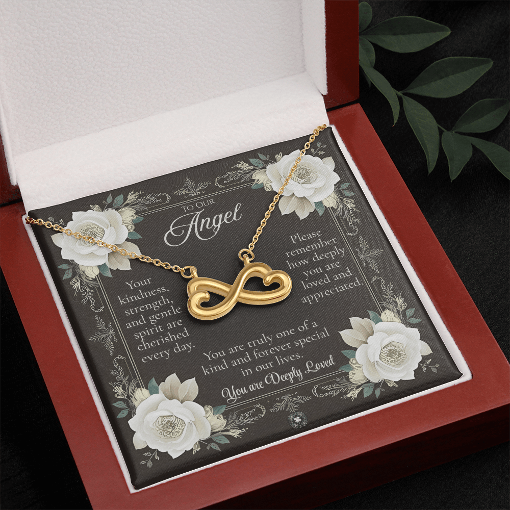Endless Love Necklace: Angel Jewelry 18k Yellow Gold Mahogany Style Luxury Box with LED The Silver Clover & Co.
