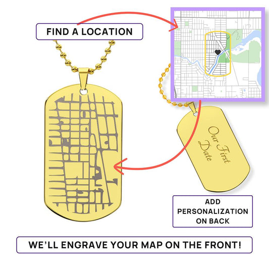 Engraved Map Dog Tag Necklace Jewelry 18k Yellow Gold Two Tone Box The Silver Clover & Co.