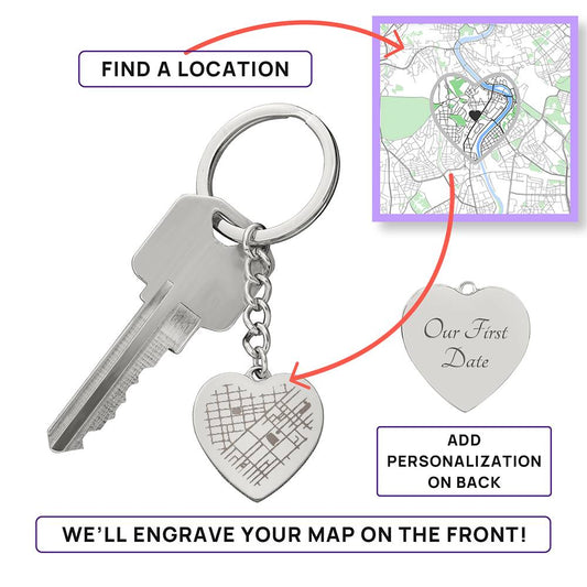 Engraved Map Heart Keychain Jewelry Polished Stainless Steel Yes The Silver Clover & Co.
