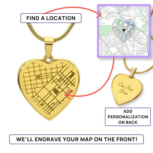 Engraved Map Heart Necklace Jewelry 18k Yellow Gold Two Tone Box The Silver Clover & Co.