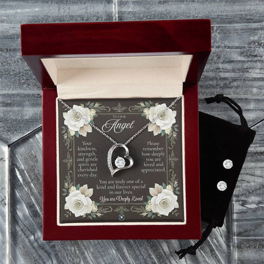 Forever Love Necklace & Earring Set: Angel Jewelry Two Tone Box The Silver Clover & Co.