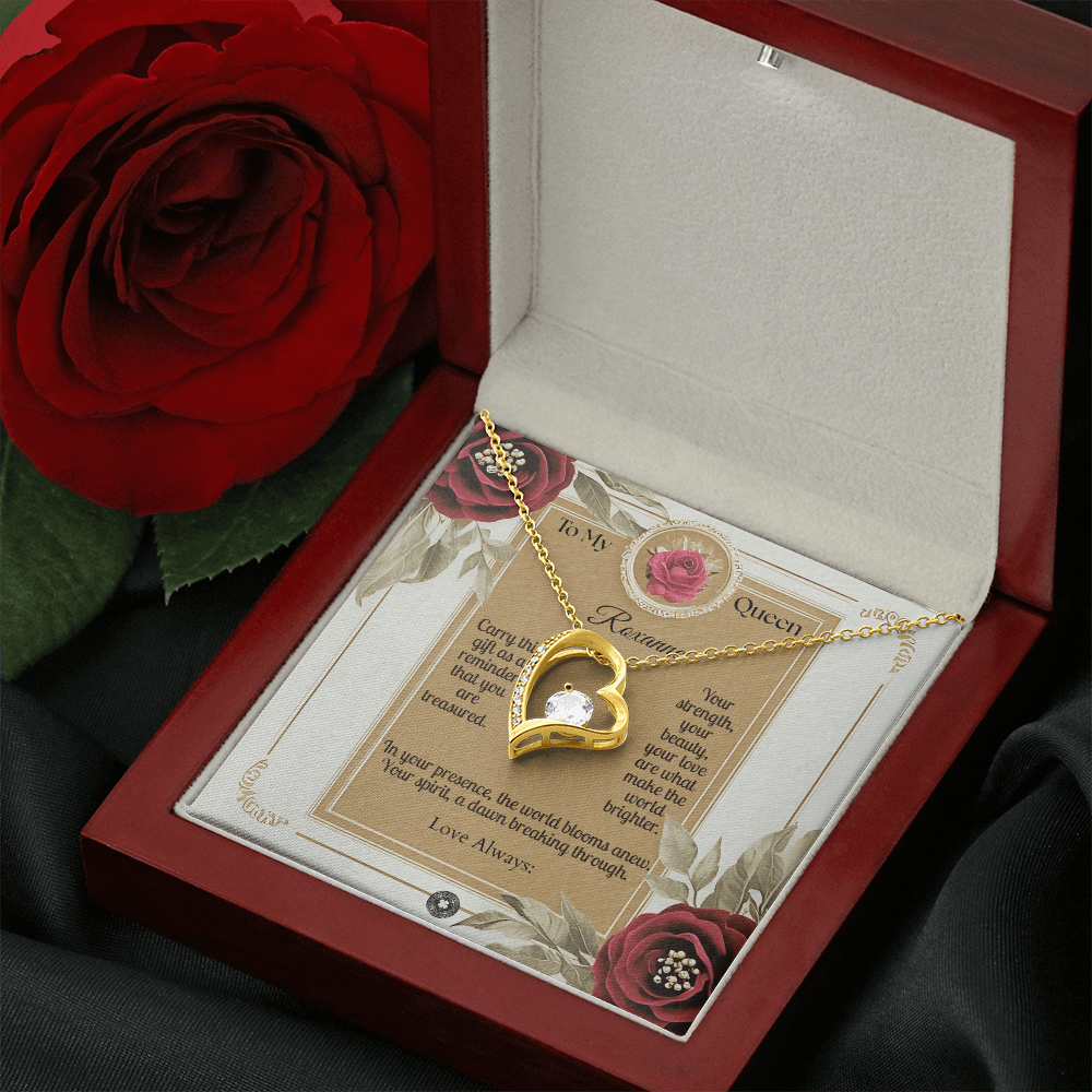 Forever Love Necklace: Queen Jewelry 18k Yellow Gold Mahogany Style Luxury Box with LED The Silver Clover & Co.
