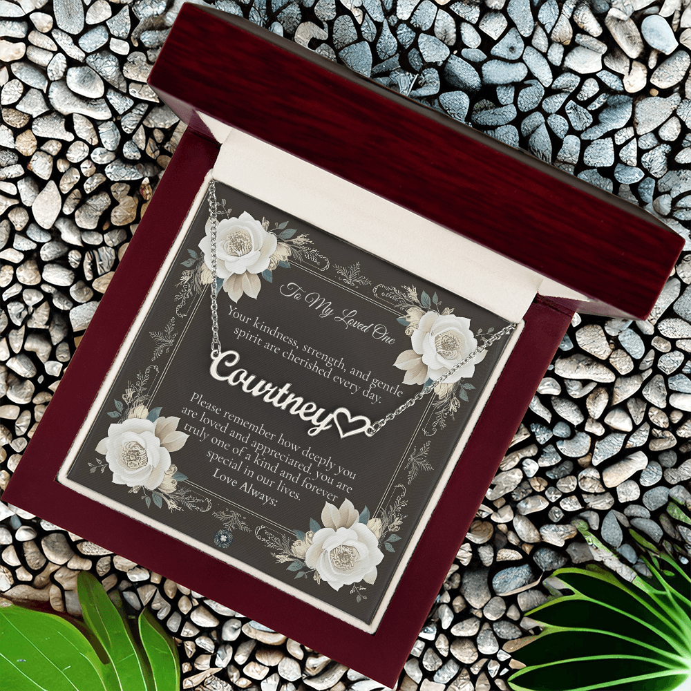 Heart & Name Necklace: Angel Jewelry Polished Stainless Steel Mahogany Style Luxury Box with LED The Silver Clover & Co.