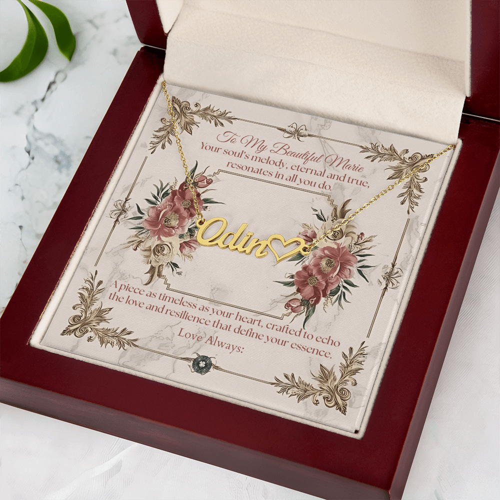 Heart & Name Necklace: Beautiful Jewelry 18k Yellow Gold Mahogany Style Luxury Box with LED The Silver Clover & Co.
