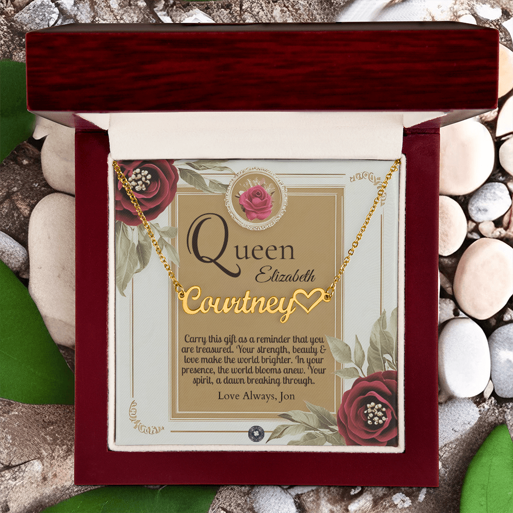 Heart & Name Necklace: Queen Jewelry 18k Yellow Gold Mahogany Style Luxury Box with LED The Silver Clover & Co.