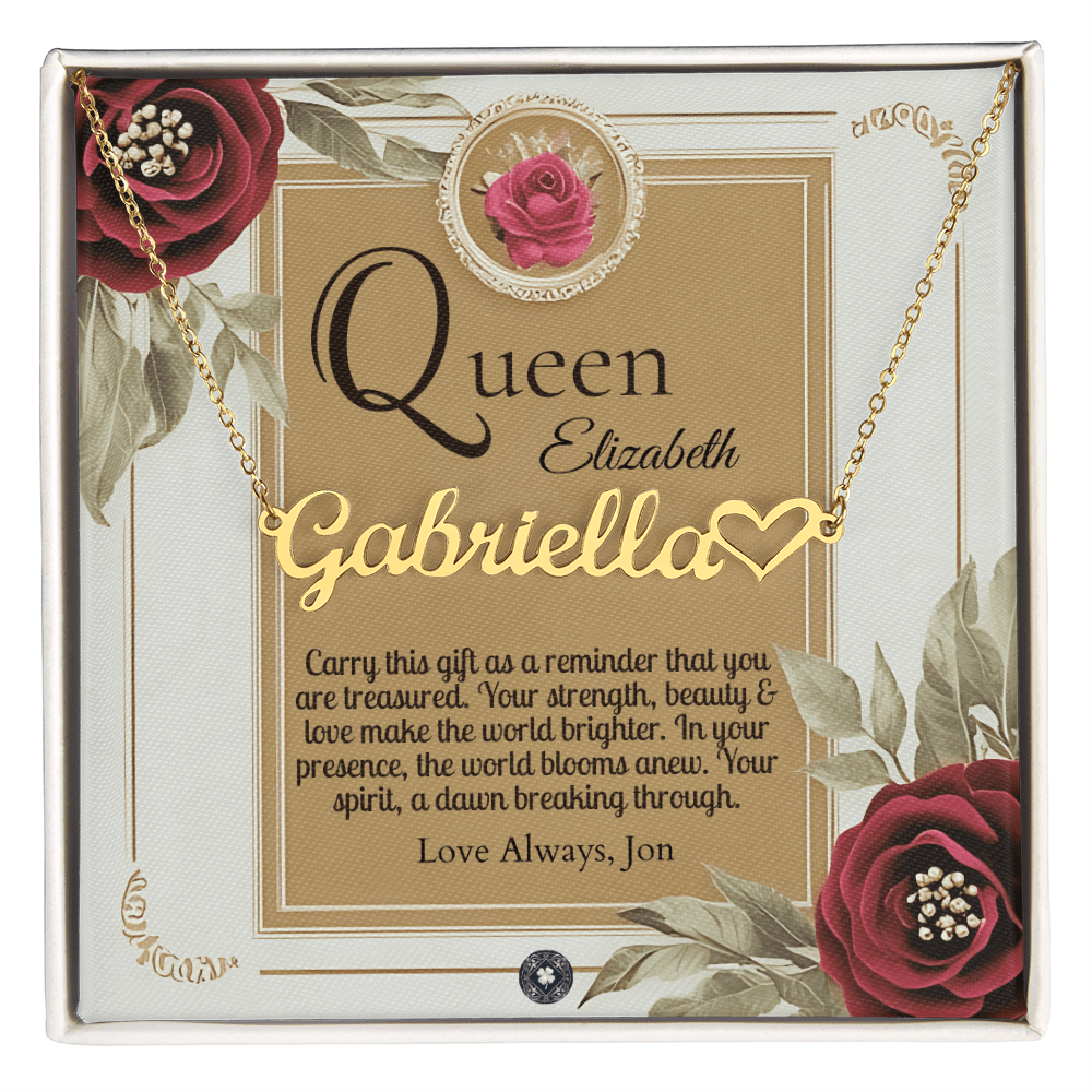 Heart & Name Necklace: Queen Jewelry 18k Yellow Gold Two Tone Box The Silver Clover & Co.