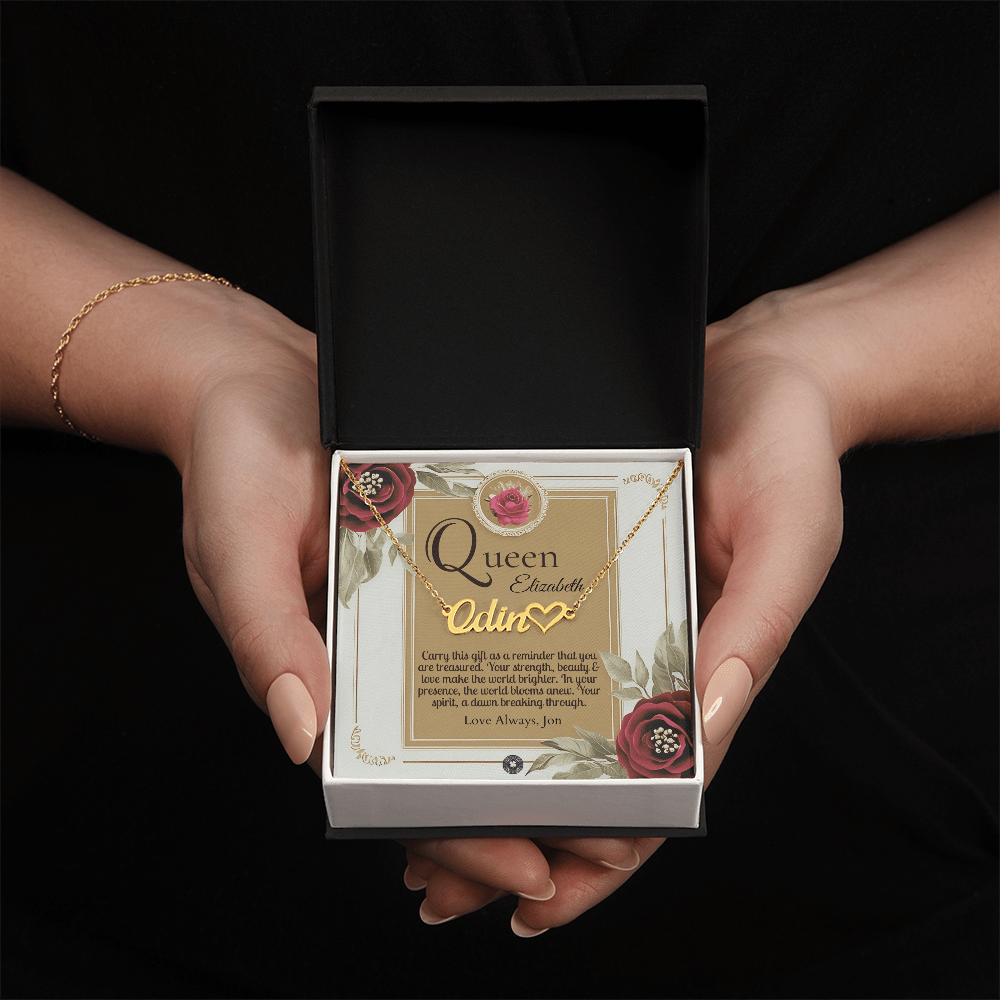 Heart & Name Necklace: Queen Jewelry Polished Stainless Steel Two Tone Box The Silver Clover & Co.