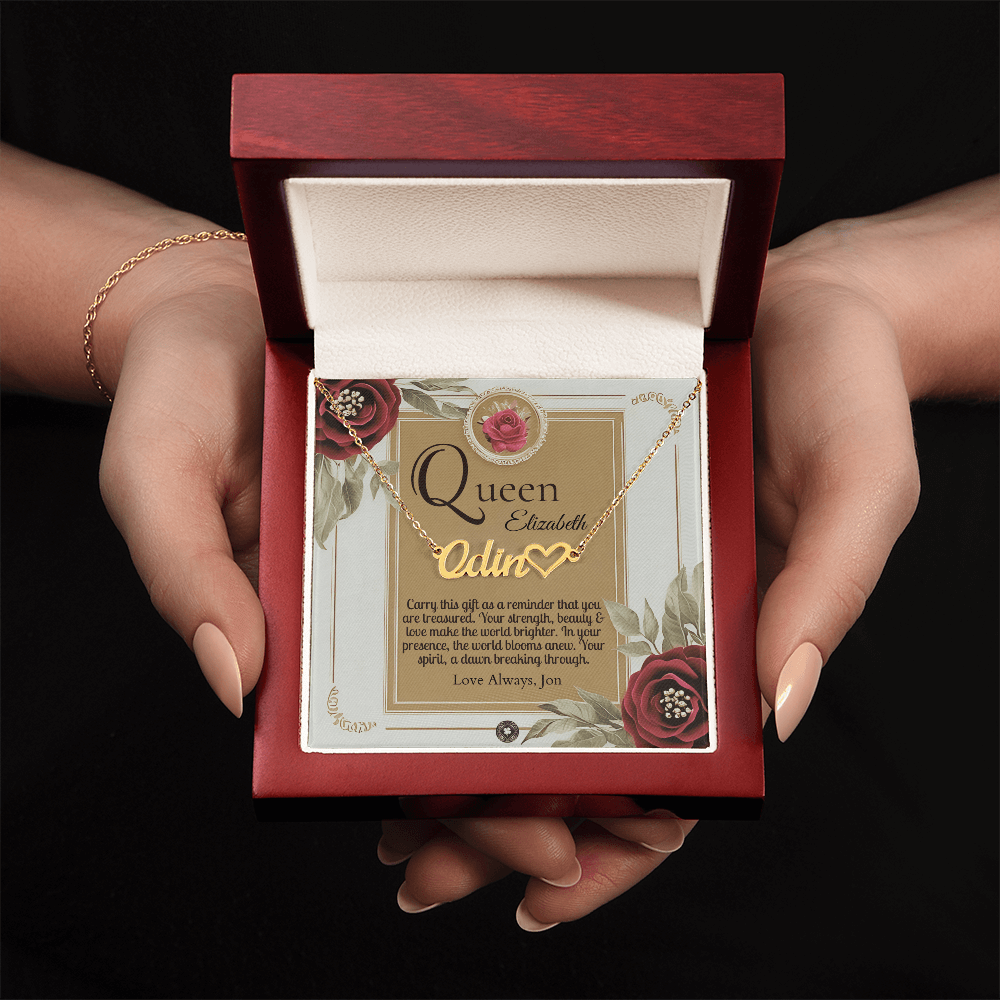 Heart & Name Necklace: Queen Jewelry Polished Stainless Steel Two Tone Box The Silver Clover & Co.