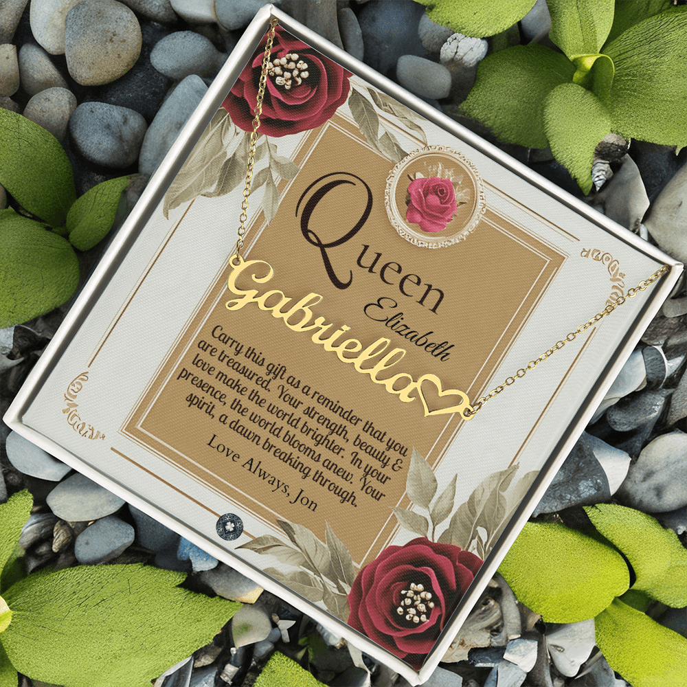 Heart & Name Necklace: Queen Jewelry Polished Stainless Steel Two Tone Box The Silver Clover & Co.