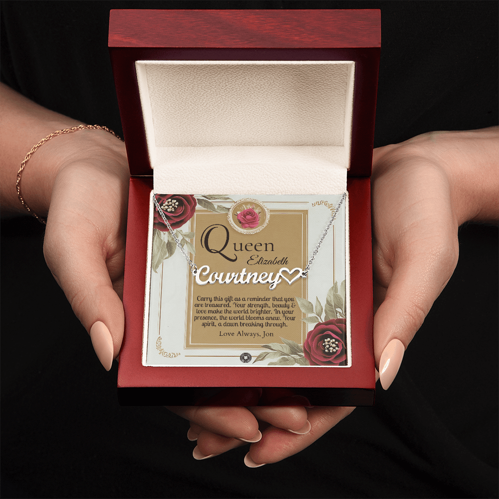 Heart & Name Necklace: Queen Jewelry Polished Stainless Steel Two Tone Box The Silver Clover & Co.