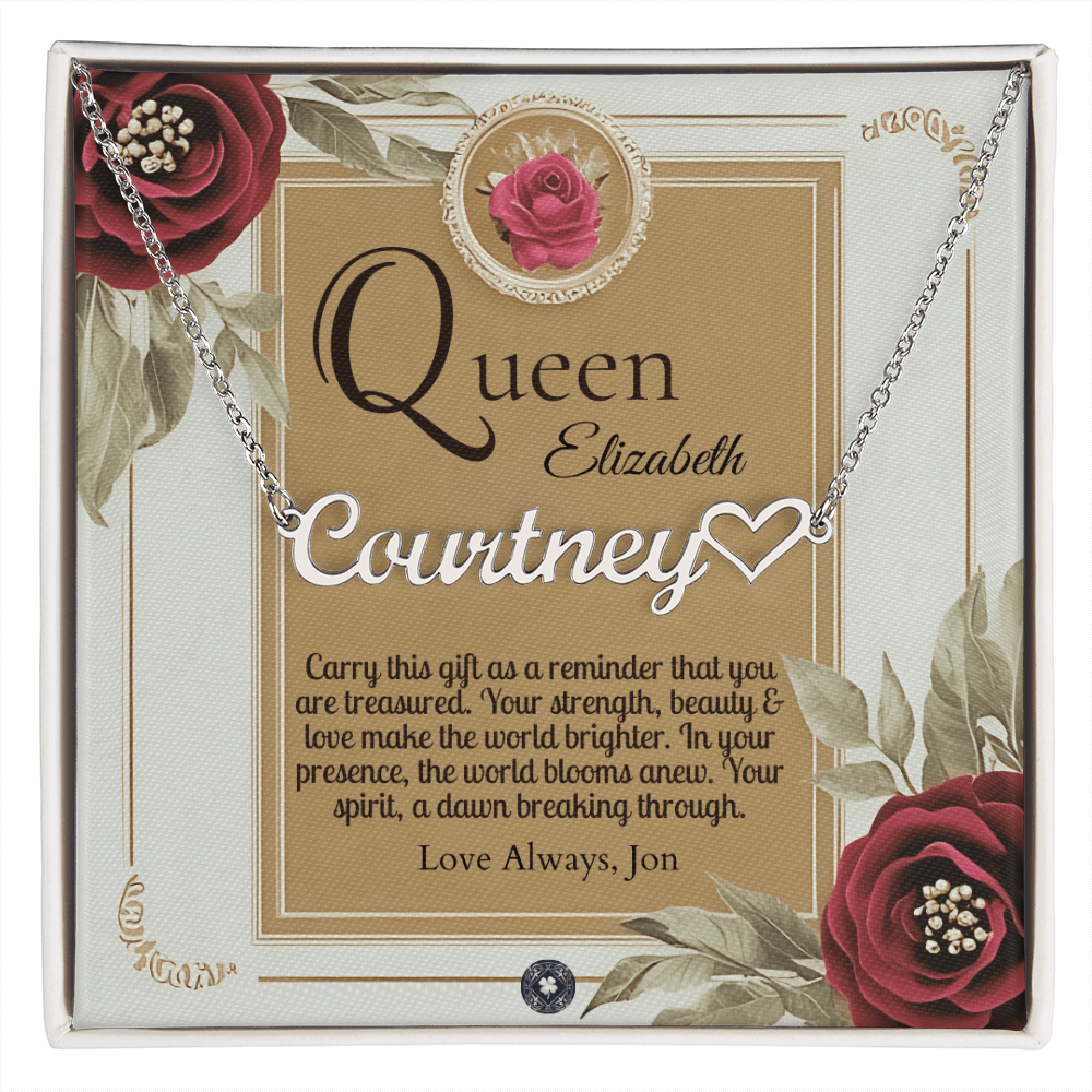 Heart & Name Necklace: Queen Jewelry Polished Stainless Steel Two Tone Box The Silver Clover & Co.