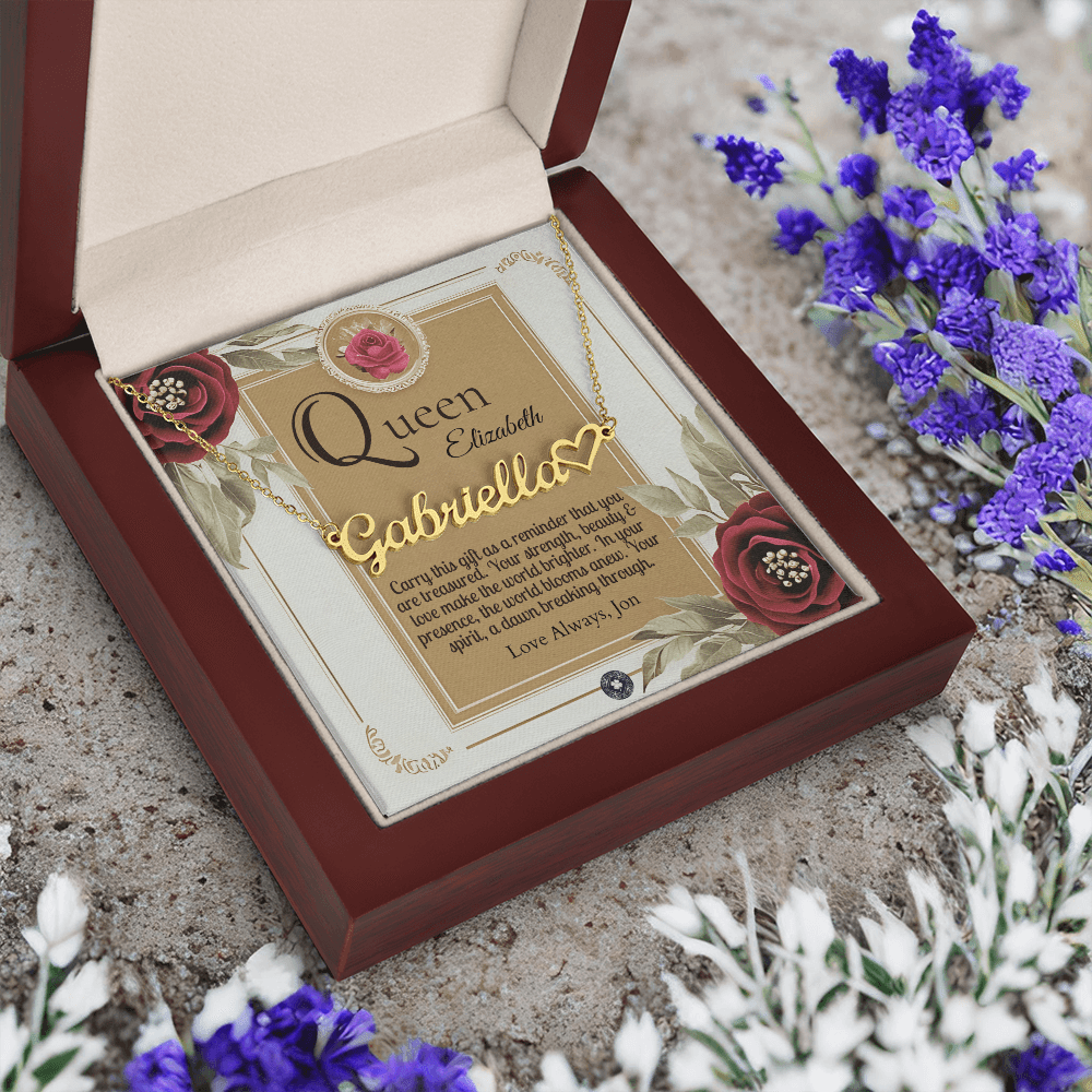 Heart & Name Necklace: Queen Jewelry Polished Stainless Steel Two Tone Box The Silver Clover & Co.