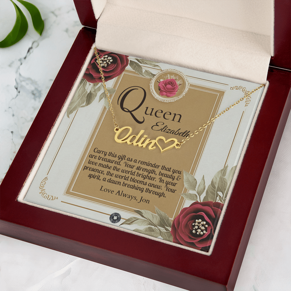 Heart & Name Necklace: Queen Jewelry 18k Yellow Gold Mahogany Style Luxury Box with LED The Silver Clover & Co.