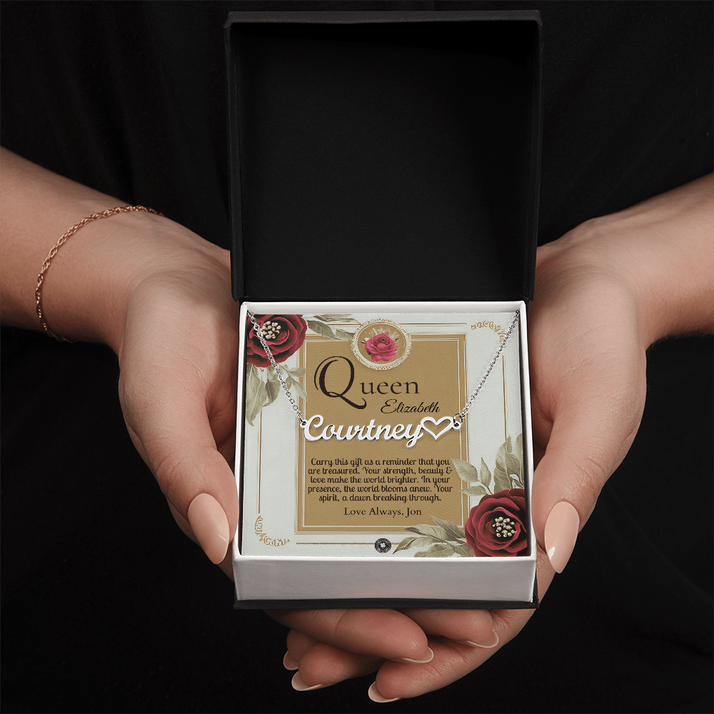 Heart & Name Necklace: Queen Jewelry Polished Stainless Steel Two Tone Box The Silver Clover & Co.