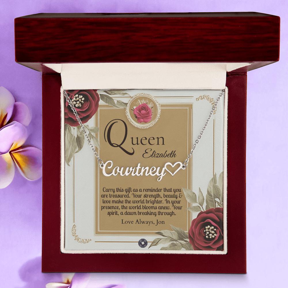 Heart & Name Necklace: Queen Jewelry Polished Stainless Steel Mahogany Style Luxury Box with LED The Silver Clover & Co.