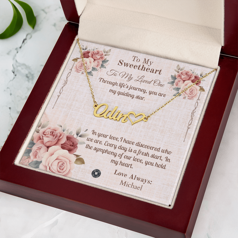 Heart & Name Necklace: Sweetheart Jewelry 18k Yellow Gold Mahogany Style Luxury Box with LED The Silver Clover & Co.