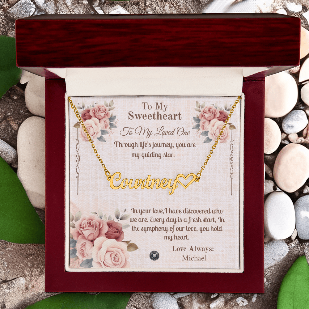 Heart & Name Necklace: Sweetheart Jewelry 18k Yellow Gold Mahogany Style Luxury Box with LED The Silver Clover & Co.