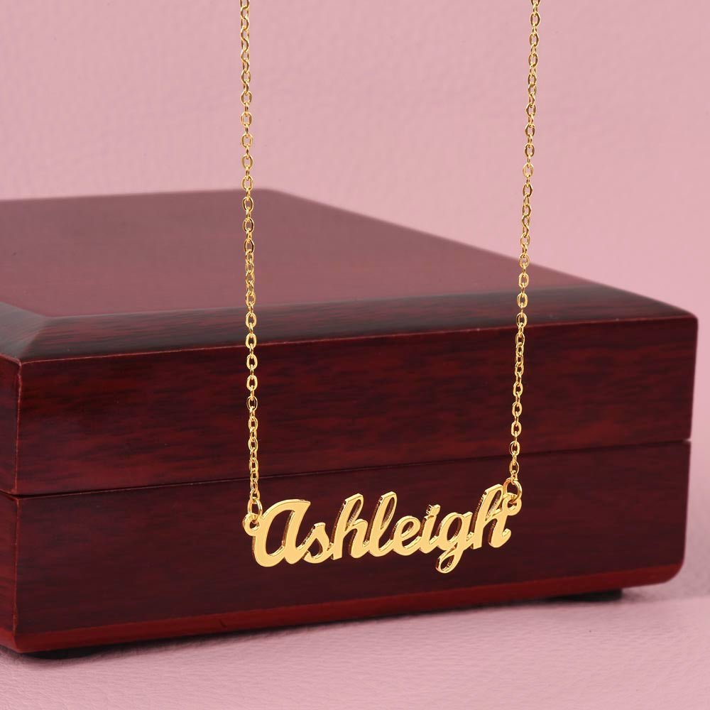 Horizontal Name Necklace Jewelry 18k Yellow Gold Mahogany Style Luxury Box with LED The Silver Clover & Co.